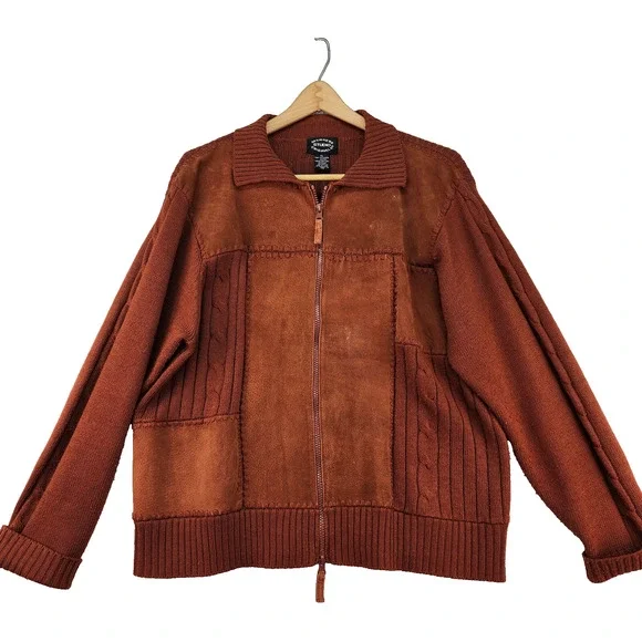 VTG Designer Studio Original XLARGE Sweater Leather Suede Jacket Brown Patchwork - Picture 2 of 16